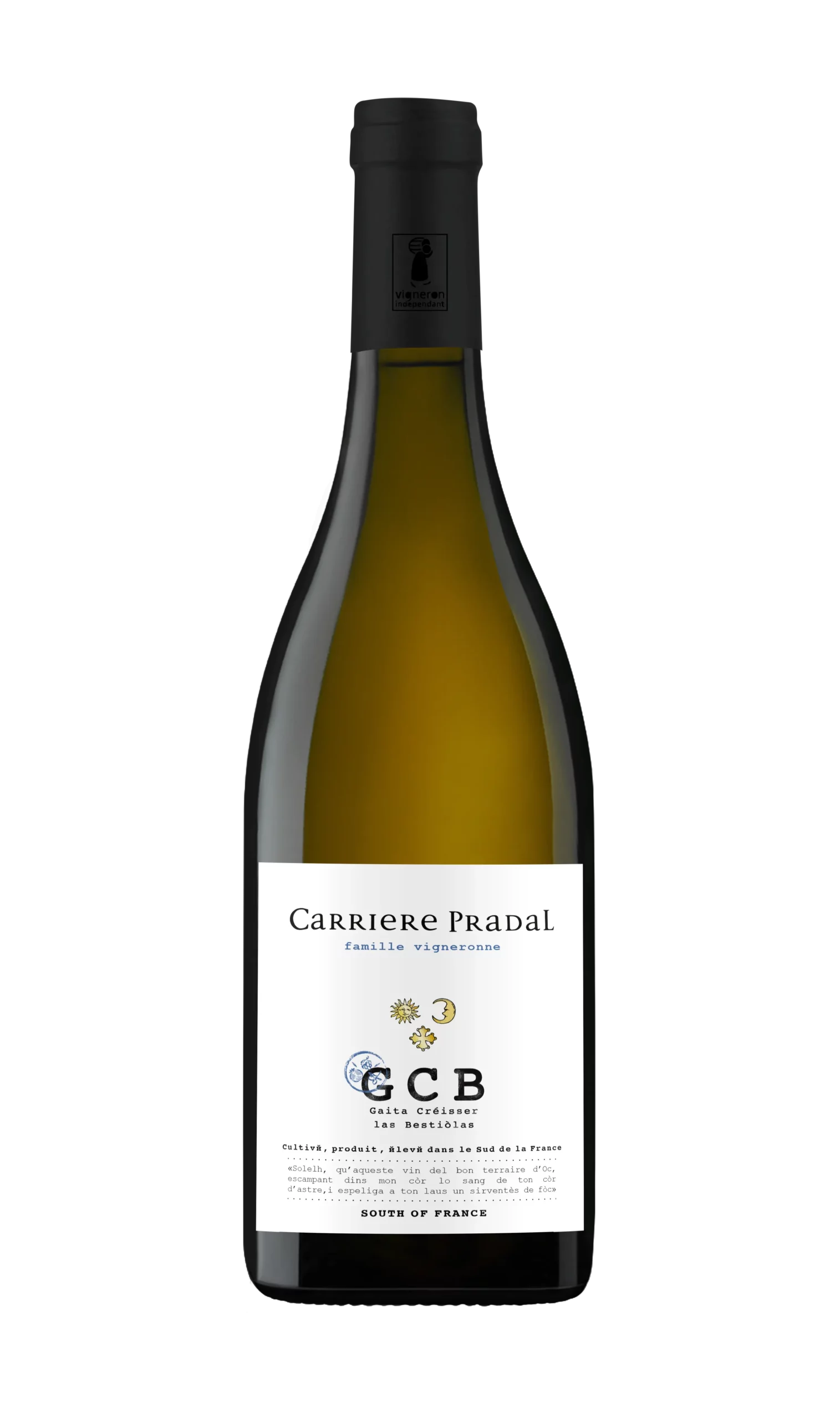 Bouteille de vin blanc GCB de Carriere Pradal situé dans le Languedoc